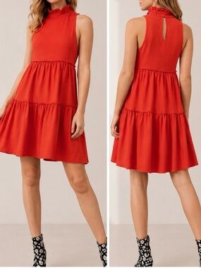 Elliatt Red Ruffle High Neck Sleeveless Tiered Holiday Wedding Swing Mini Dress
